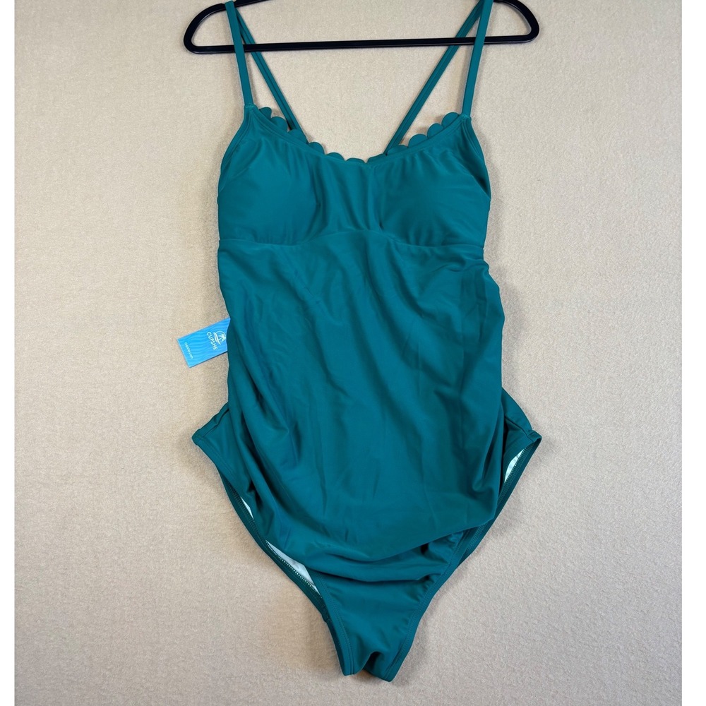 Cupshe Womens Teal Scalloped One Piece Swimsuit Ruched Lace Up Back Large NEW